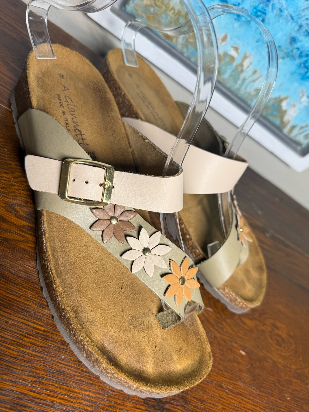 A. Giannetti Beige Floral Thong Cork Footbed Sandals - Women's 9 Italy